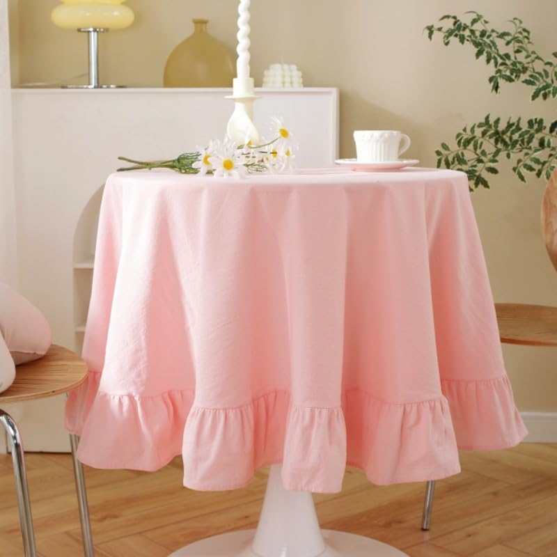 HAIRUO Cotton Linen Table Cloths Retro Farmhouse Heavy Fabric Table Cover Pink White Washable Table Top for Parties Coffee Kitchen Picnic Round Table Cloth (White,Round, 70")