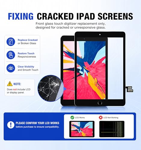 Image of for iPad 7th /8th Generation(7 8 Gen) Glass Screen Repair Replacement Kit | (No LCD) 2019 /2020 10.2 inch A2197 A2198 A2200 A2270 A2428 A2429 A2430 Touch Digitizer, Adhesive, Home Button , Protector, Tools