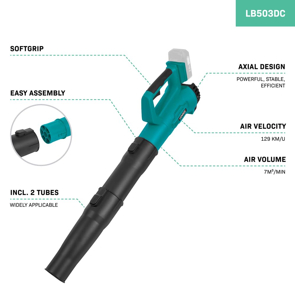 VONROC Soplador de hojas inalámbrico de 20 V, diseño axial, velocidad de aire 129 km/u, volumen de aire 7 m3/min. Batería y cargador
