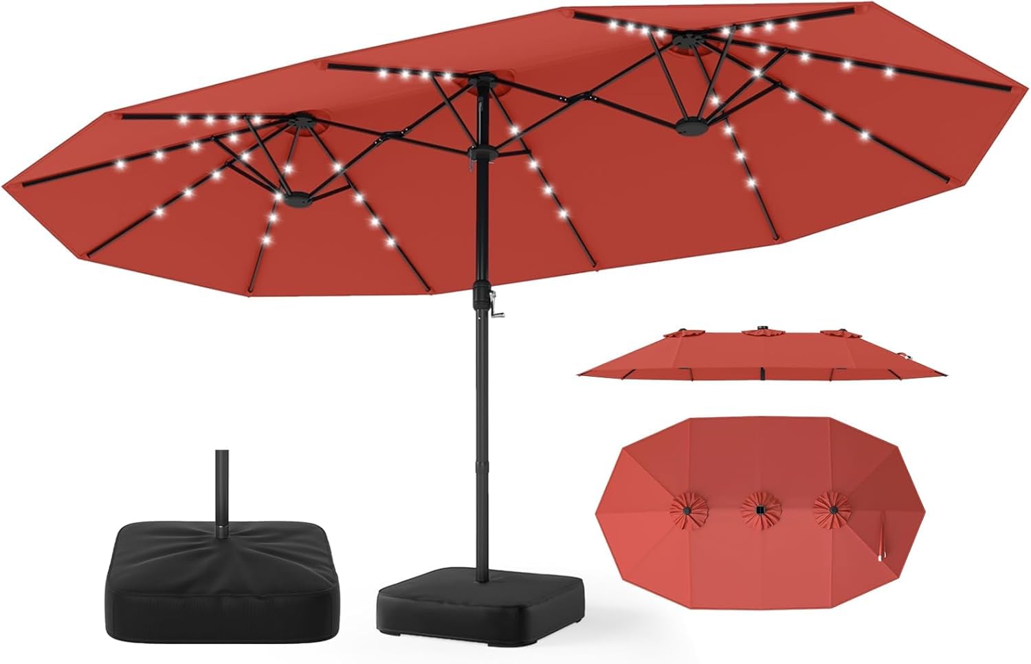 RELAX4LIFE Doppelsonnenschirm mit Ständer & LED-Solar-Beleuchtung, 450 x 260 cm, extra großer Sonnenschirm, UPF 50+, Gartenschirm mit Kurbel, Marktschirm Sonnenschutz für Garten & Terrasse (Orange)
