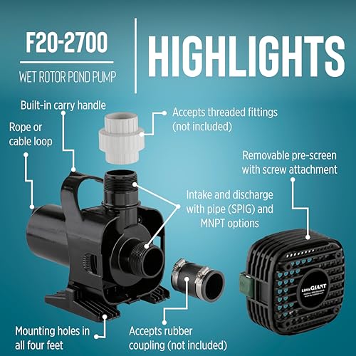 Image of Little Giant F20-2700 115-Volt, 2770 GPH Wet Rotor Pump with 20-Ft. Cord for ponds up to 2700 Gallons, Black, 566725
