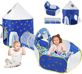 TTLOJ Rocket Ship Pit with Tunnel, Unique Space and Planet Design Castle Playhouse, Upgraded Ball Pool with Basketball Hoop for Toddlers, Baby Crawl Playpen Indoors/Outdoors