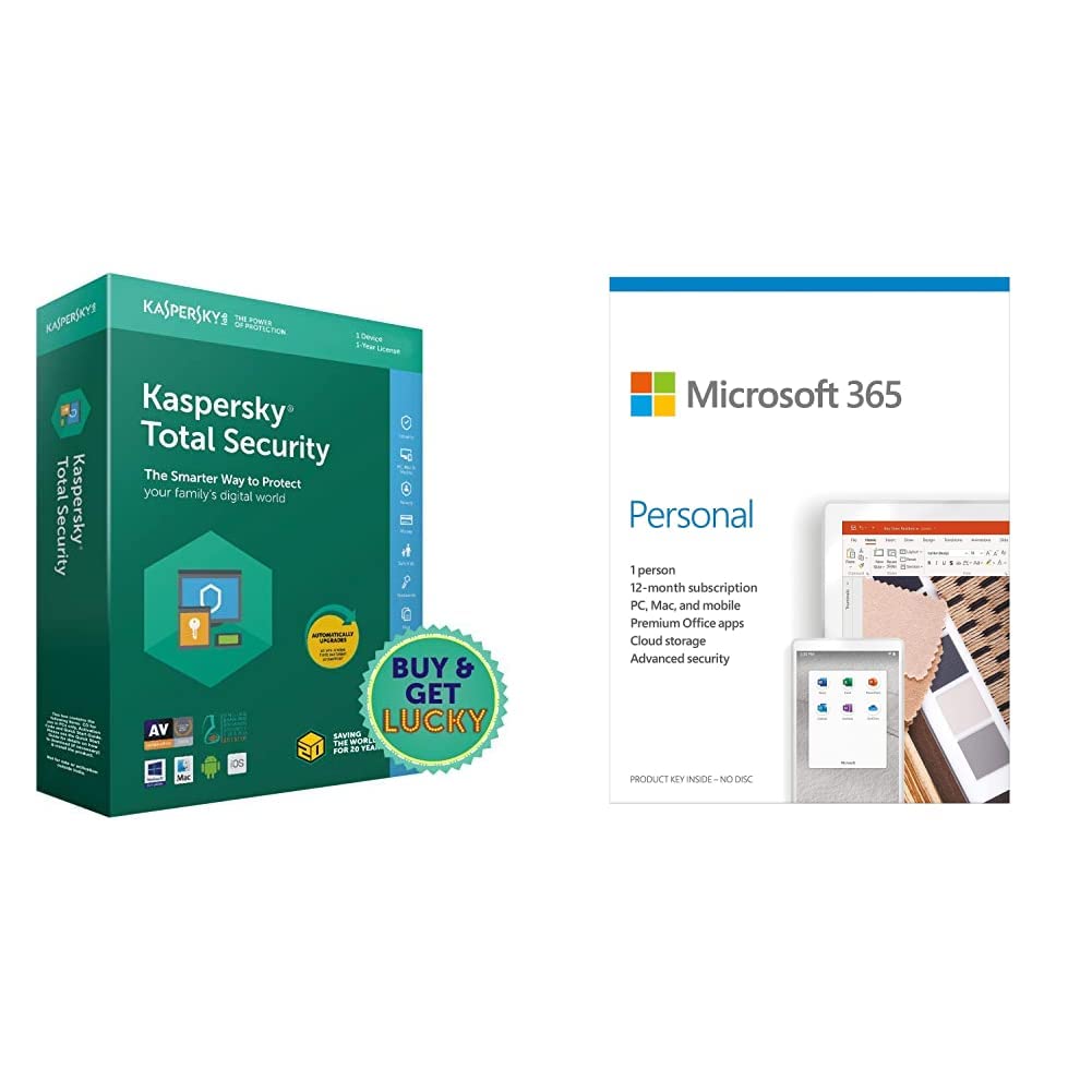 Kaspersky Total Security - 1 User, 1 Year (CD)+Microsoft Office 365 Personal for 1 user (Windows/Mac), 12-month / 1 Year Subscription (Activation Key Card)