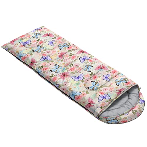 Bolsa de dormir para niños, diseño con flores y mariposas, ligera, cálida, portátil, impermeable y resistente para camping y actividades al aire libre miniatura 2