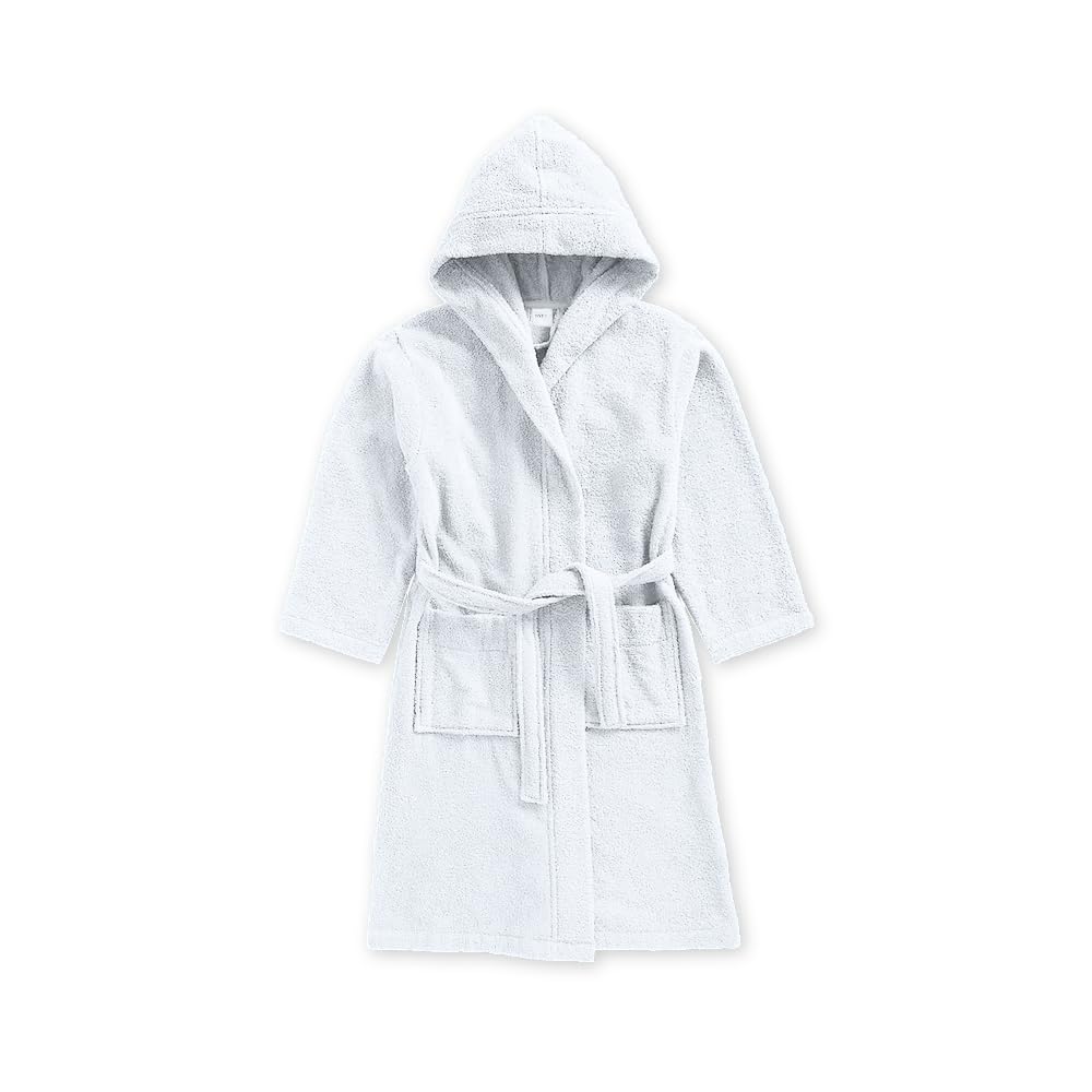 BYFT Iris (White) Luxury Unisex 10 yr Kids Bathrobe 100% Terry Cotton, Highly Absorbent and Quick dry, Hotel and Spa Quality Robe Towel for Boy and Girl-400 Gsm