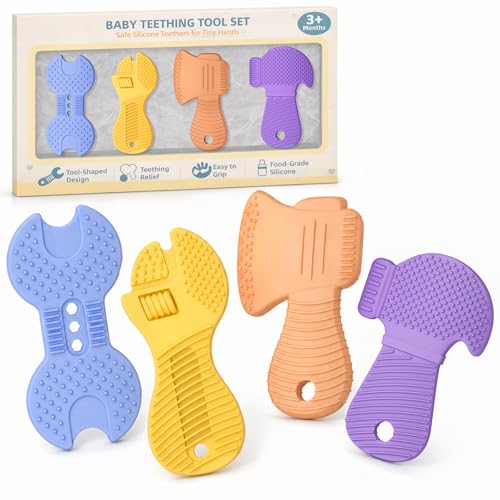 Image of Baby Tool Teethers 4 Pack, Textured Sensory Teething Toys for Boys 0-6 Months, Wrench Screwdriver Hammer & Axe Silicone Chew Toys, Baby Shower Gifts for Newborn & Infants