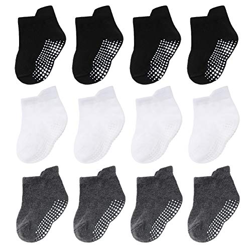 12 Pairs Unisex Baby Non-Skid Grip Ankle Socks Toddler Infant Newborn Kids Boy Girls Half Cushion Non Slip Cotton Crew Socks (Black/White/Grey, 4-6 Years (Shoe Size 9.5-1))