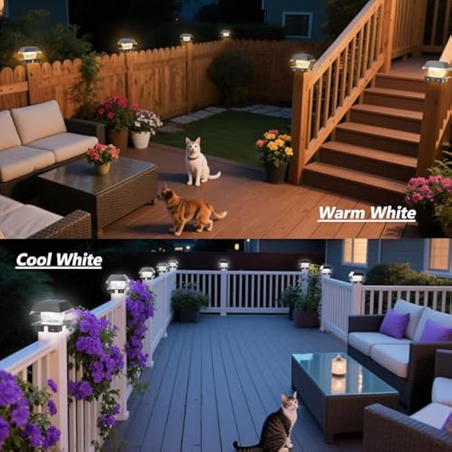 Sumaote Solar Post Cap Lights, IP65 Waterproof Post Solar Lights for 4x4 Vinyl Posts or 4x4 5x5 6x6 Wood Posts, Soft Cold White & Warm White Outdoor Lighting for Garden Yard Fence Deck Black, 2 Pack