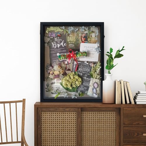 Image of GraduationMall 16x20 Wood Shadow Box Frame Glass Door Display Case with Linen Back and 6 Stick Pins,1.5 inches Interior Depth,Ideal for Memorabilia Pictures Flowers Medals Tickets Rustic Black