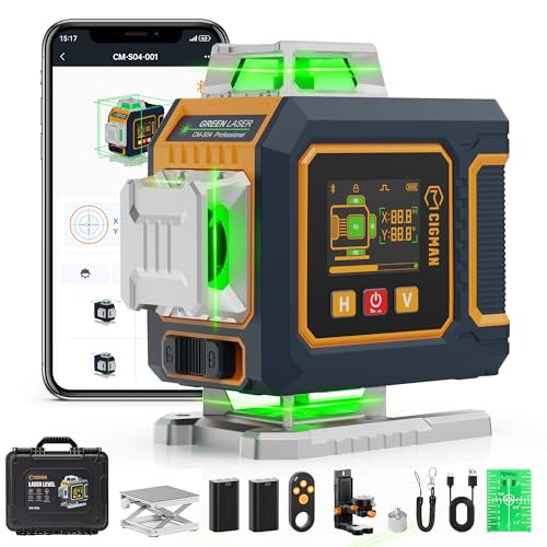 CIGMAN CM-S04 Laser en croix, contrôle intelligent 4 x 360 °, niveau à bulle automatique, avec écran LCD, laser de construction, vert, pour construction intérieure, construction intérieure
