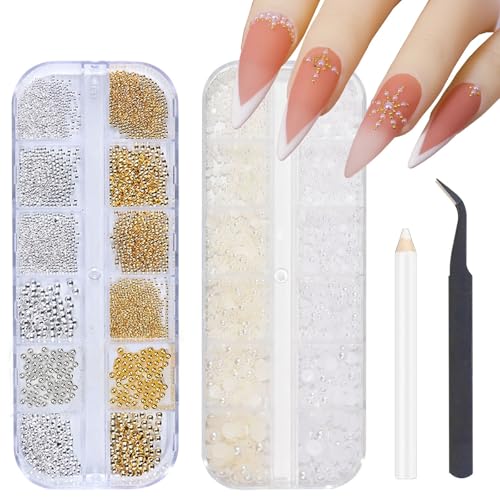 Nailart Perlen Kaviar Perlen Nägel,2Boxen Flackback Perlen Nail Charms und Gold Silber Kaviar Strasssteine mit Aufnahmestift und Pinzette,Weiß Beige Nagel Perlen Mikroperlen Dekor für Nägel Design