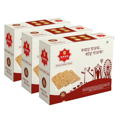 Image of SAHU GAJAK BHANDAR Sesame Peanut Chikki Bar 600g Pack of 3 | No Added Preservatives or Colors, Jaggery Snacks, Til Groundnut Chikkis, Made with Cow Ghee