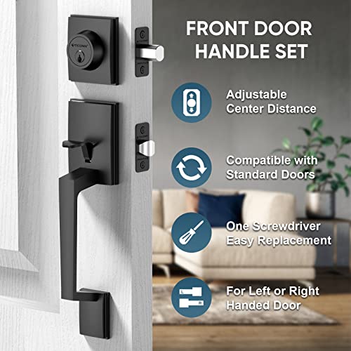 Ticonn Front Door Handle Set, Heavy Duty Square Door Lever & Single Cylinder Deadbolt Combo Reversible For Entrance Exterior Doors thumb #5