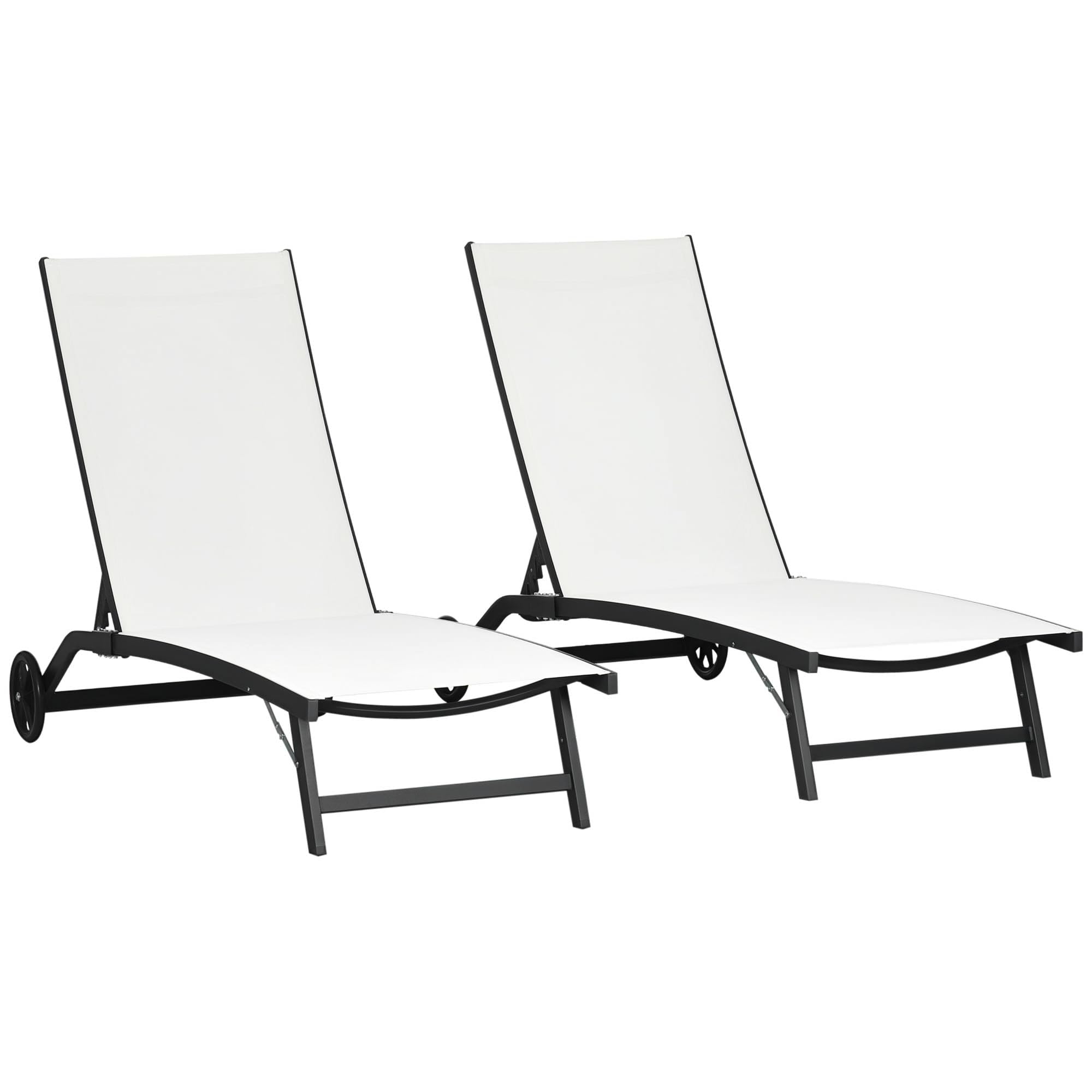 Outsunny Set di 2 Lettini Prendisole da Giardino 66x165x102cm Crema | Ruote, Schienale Regolabile 5 Livelli, Sdraio da Giardino in Alluminio e Texteline, Spiaggia, Piscina