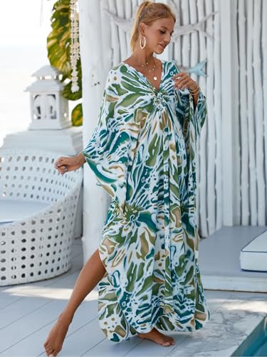 Image of IMAGEKOPE Women's Plus Size Animal Print V-Neck Batwing Kaftan Beach Dress Bathing Suit Cover-Up Loungewear