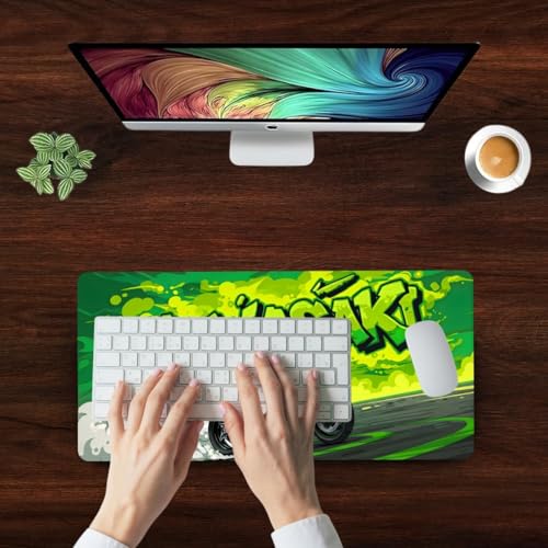 Image of Moto Edition Desk Mat 23x11 Inch - Racing-Themed Keyboard & Mouse Pad for Office, Home & Gaming | Non-Slip Rubber Base, Waterproof Surface, Supercar & Bike Inspired Table Mat (Green Rider)