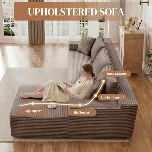 Image of 95 inch L Shaped Cloud Boneless Sectional Couches for Living Room, Modern Comfy Modular Deep Seat Memory Foam Compressed Corduroy Sofa Oversized Right Facing Chaise, No Assembly Required, Brown