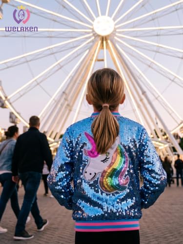 Image of WELAKEN Unicorn Sequin Jacket for Girls Kids Toddler Sparkle Zipper Bomber Jacket with Pockets