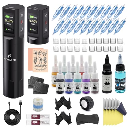 Biomaser Juego de máquina inalámbrica rotativa con bolígrafo inalámbrico, 2 unidades, batería de 1600 mAh con 20 agujas, 11 botellas de tinta para principiantes profesionales y artistas Biomaser Juego de máquina inalámbrica rotativa con bolígrafo inalámbrico, 2 unidades, batería de 1600 mAh con 20 agujas, 11 botellas de tinta para principiantes profesionales y artistas