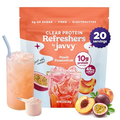 Javvy Clear Protein Refresher Drink Mix 10g of Whey Protein and Collagen Peptides Electrolytes Powder Natural Flavors 0g of Sugar 45mg Caffeine 20 Servings Peach Passion