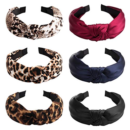 TOBATOBA 6 Packs Leopard Headband Satin Hairbands Set, Fashion Leopard Headband for Women Knot Headband for Women Hairbands for Women Turban Headbands for Women Silk Headbands for Women,6 Colors