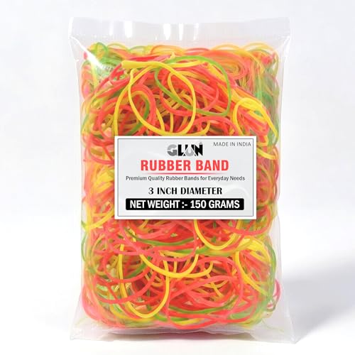 Image of GLUN 3 Inch Multicolour Rubber Band 150 Gram Pack, Fluorescent Multicolor, Strong & Stretchable for Home, Office & Kitchen Use