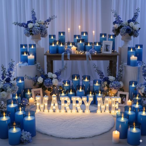 Image of Homemory Blue Flickering Flameless Candles, Battery Operated Acrylic LED Pillar Candles with Remote Control and Timer, Blue Decor, Set of 5