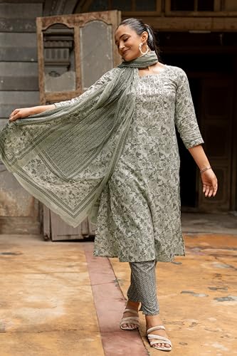 Image of MIRCHI FASHION Pure Cotton Floral Kurta Set for Women with Dupatta & Pant | 3 Piece Straight Fit Ethnic Outfit | Breathable Summer Salwar Suit