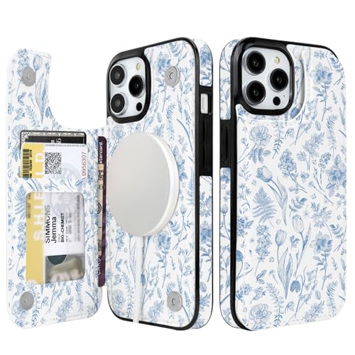 Image of uCOLOR Compatible with iPhone 12 /12 Pro Wallet Case with Card Holder Slot Folio Flip PU Leather Kickstand Double Magnetic Clasp and RFID Blocking Design (Blue Toile Flowers, iPhone 12 /12 Pro)