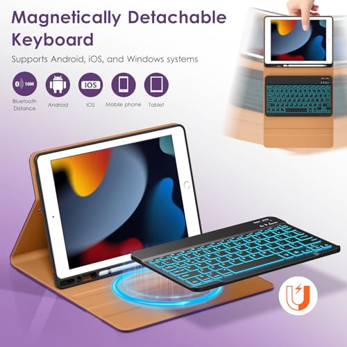 Image of DTTO for iPad 9th /8th /7th Generation 10.2 inch Case 2021 /2020 /2019 with Keyboard, 7 Colors Backlit Wireless Detachable Keyboard Premium Leather Folio Cover with Pencil Holder & Pocket, Dark Purple