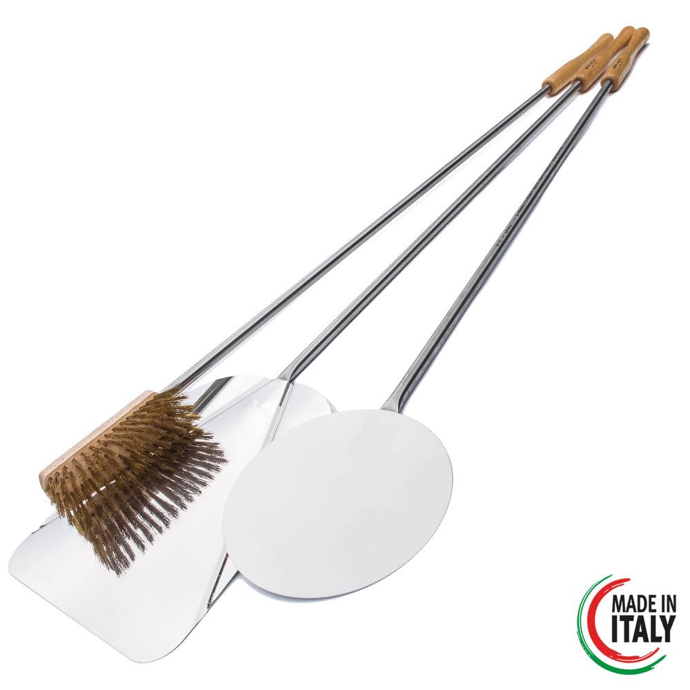 GIEMME 3 Pizzaschieber aus Edelstahl AISI 430 Set für Holzofen (Pizza Größe 33 cm - Griff 85 cm)