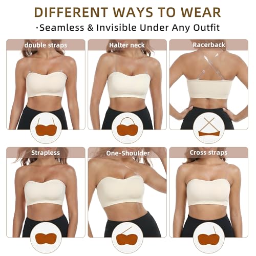 Image of Zimcti Strapless Bras for Women-Non Slip Silicone Grip Bandeau, Wirefree Seamless Tube Top, Removable Pads, Clear Strap