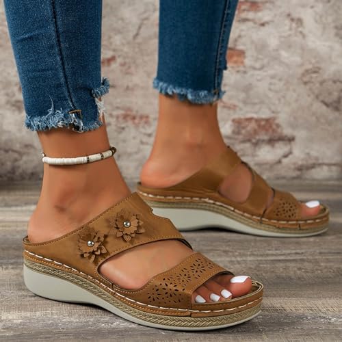 ZSpzx Women's Orthotic Cushion Sandals Recovery Walking Slide Wedge Sandal for Women Flower Cutout Strap Summer Orthopedic Arch Support Low Wedges Slides Comfortable Open Toe Slip on Bunion Shoes2