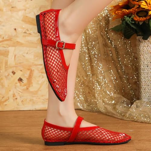 Mesh Ballet Flats for Women Buckle Strap Round Toe Mesh Fishnet Flats Comfy Casual Office Ballerina Daily Dress Shoes4