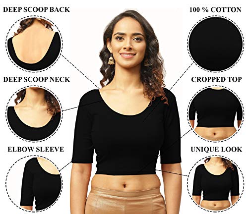 Image of THE BLAZZE 1303 Women's Cotton Scoop Neck Backless Elbow Sleeve Crop Top Readymade Saree Blouse for Women's