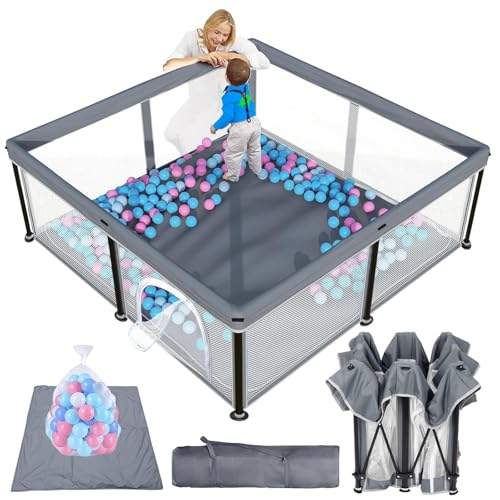 Parque infantil con colchón, 127 x 127 cm, plegable, parque infantil para interiores y exteriores, con 50 pelotas de mar