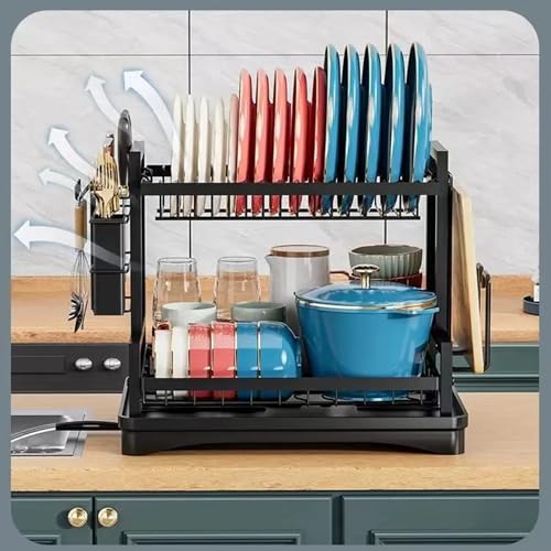 MY HOMIE Double Layer Kitchen Dish Rack, 42x31x33 cm 2 Tier Multifunctional Iron Dish Drying Rack with Drainboard and Utensil Holder Rustproof SpaceSaving Dish Drainer for Kitchen Countertop - Black - Image 4