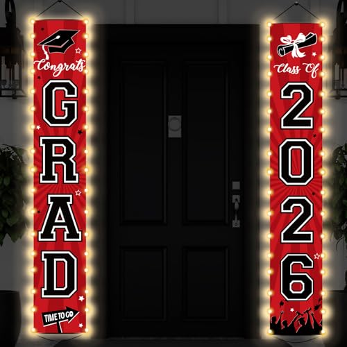 Image of 2026 Graduation Banners Class of 2026 Congrats Grad Porch Sign Party Lighted Decorations Supplies Welcome Hanging Door Decor with LED Light Banners for Indoor Outdoor(Red and Black)