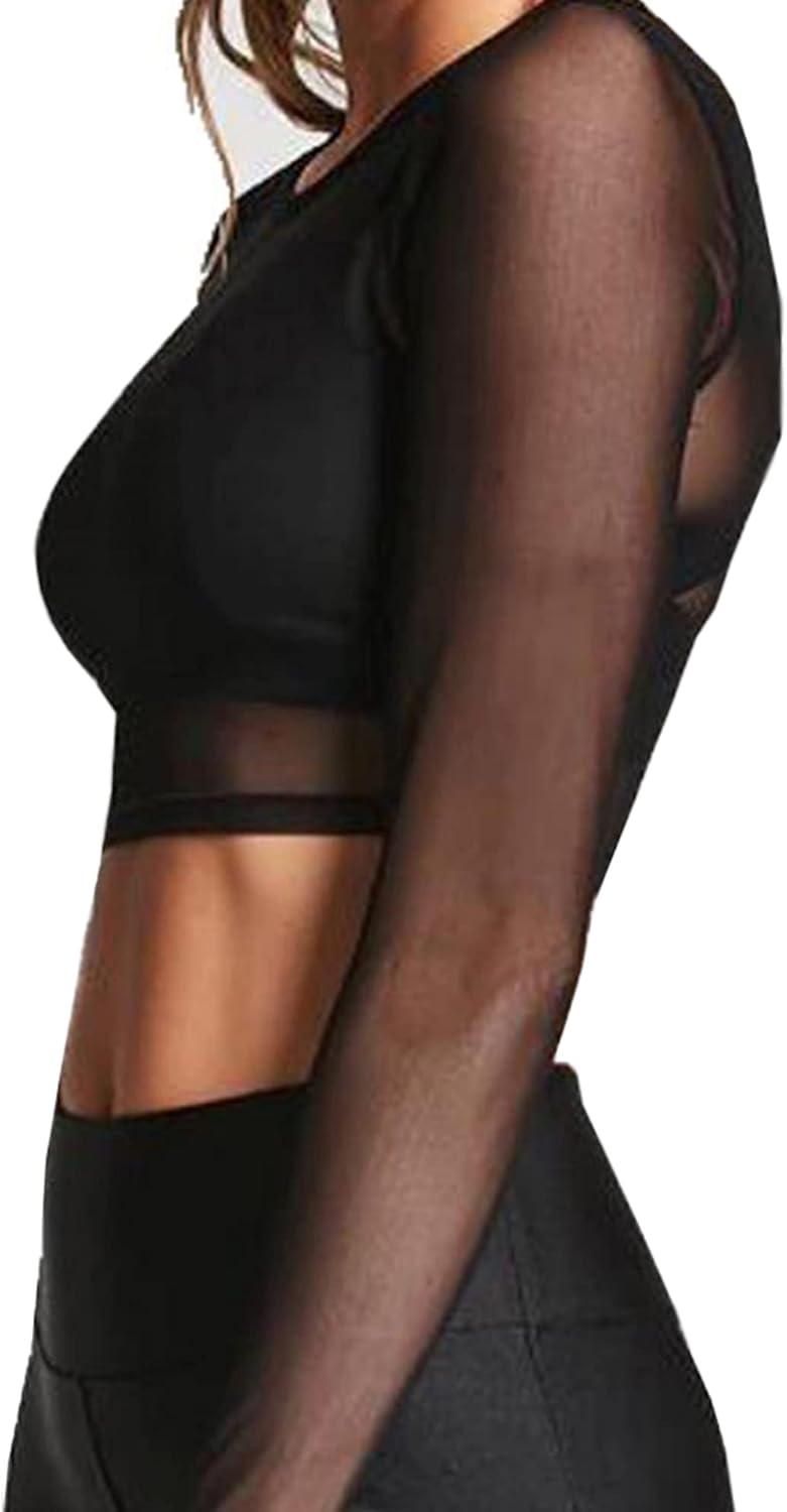 BelleLovin Women's Sheer Mesh Long Sleeve Crop Top Sexy Tee Blouse - Image 3