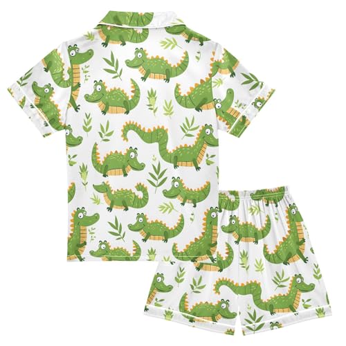 ALAZA Green Leaf Animal Crocodile Satin Pajamas Set Short Sleeve Button Down Sleepwear Summer Pjs 2 Piece2