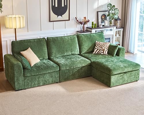 Image of 124.8'' Oversized Modular Sofa Comfy Cloud Couch with Storage Wide L-Shaped Sectional Sofa Set with Chaise for Living Room, Covers Washable, 4-Seater with Ottoman, Chenille, Green