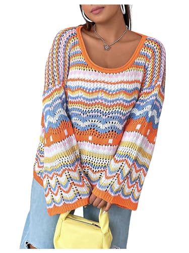 WDIRARA Women's Plus Size Crochet Sweater Colorful Striped Hollow Out Scoop Neck Long Sleeve Knit Top