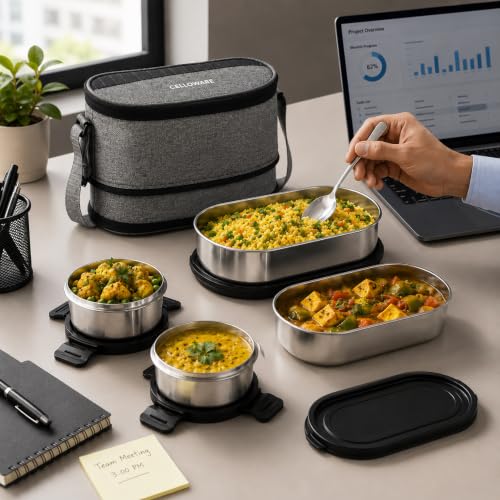 Image of CELLO MF Senator Set of 4 Stainless Steel Lunch Box with Extendable Zipper Bag, Black | 300ml, 300ml, 500ml Containers, 750ml Oval Container with Spoon & Fork, Leakproof Airtight Tiffin Set for Office