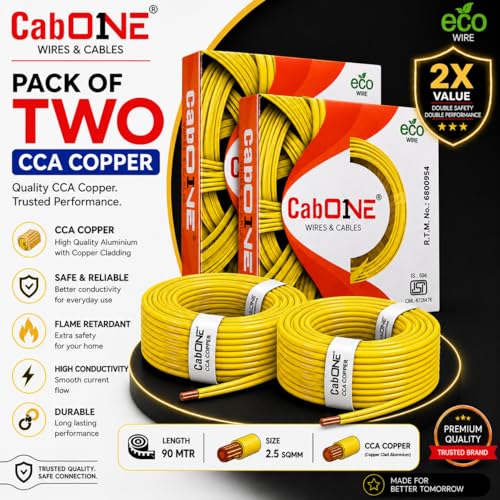 Image of CabONE 2.5 SQ.MM FR PVC Insulated Copper Electrical Wire, 90 Meter (Yellow, Pack of 2) | ISI Marked Fire Retardant Single Core Cable for Home Wiring