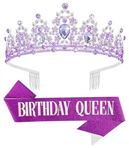 Birthday Tiara Crown with Sash for Women, Headband Hair Accessories for Wedding Party Costume Purple