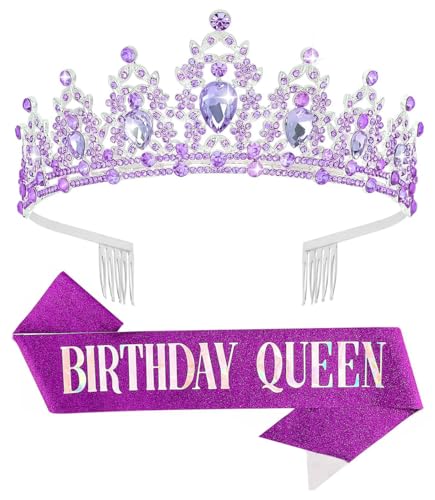 Birthday Tiara Crown with Sash for Women, Headband Hair Accessories for Wedding Party Costume Purple