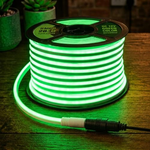 Image of Green Neon LED Strip Light 5 Meter with Adapter | Flexible IP65 Waterproof Silicone Rope Light for Indoor and Outdoor Bedroom, Ceiling, Gaming Room, Party Decoration