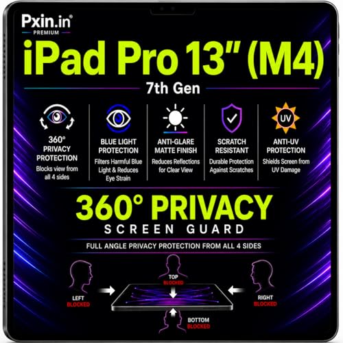 Image of Pxin 360 Pro Privacy Screen guard compatible with iPad Pro 13 inch (M4) - 7th Gen | Anti Glare | Anti UV | Anti Blue | Anti Reflection | Privacy Filter | Unbreakable Build