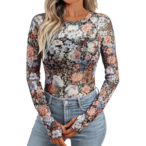 Dealmore Floral Mesh Round Neck Tops Trendy lace Going Out Shirts for Women with Thumb Hole Fashion Summer Outfits 2025 Floral Fierce M Cover