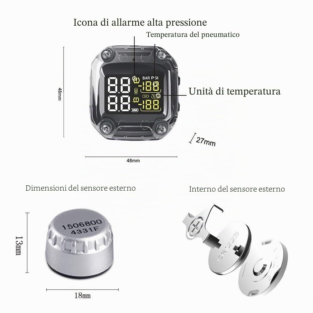 Sistema di monitoraggio della pressione dei pneumatici TPMS per moto, senza fili, con allarme, display LCD ricaricabile, in tempo reale, per moto a due ruote, bicicletta, 2 sensori esterni